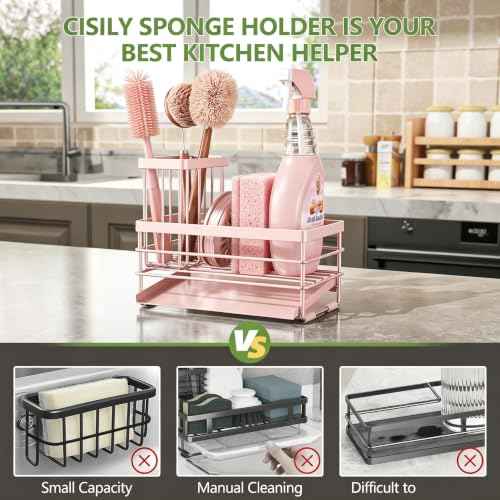 Pink Sink Caddy Sponge Holder for Kitchen with Brush Holder and Stainless Steel Self Drain Tray
