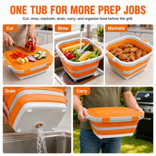 BBQ Prep Tub 16L Orange Collapsible Wash Basin with Drain Plug (4.2 Count)
