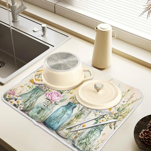Spring Summer Floral Jars Flowers Dish Drying Mat for Kitchen Counter Absorbent Microfiber Small Drying Pad Dish Mats for Kitchen Countertops 16 x 18 Inch