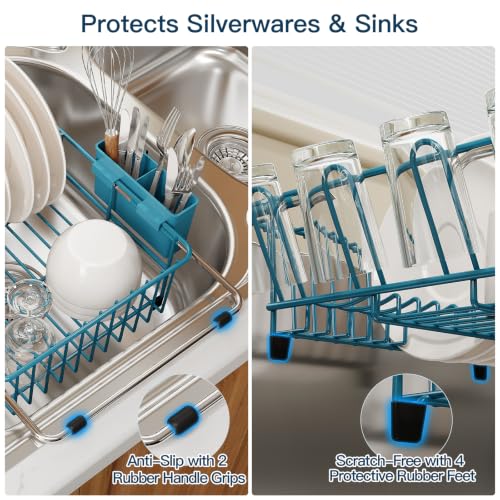 Blue Expandable Dish Drying Rack Over Sink with Extra Drainboard
