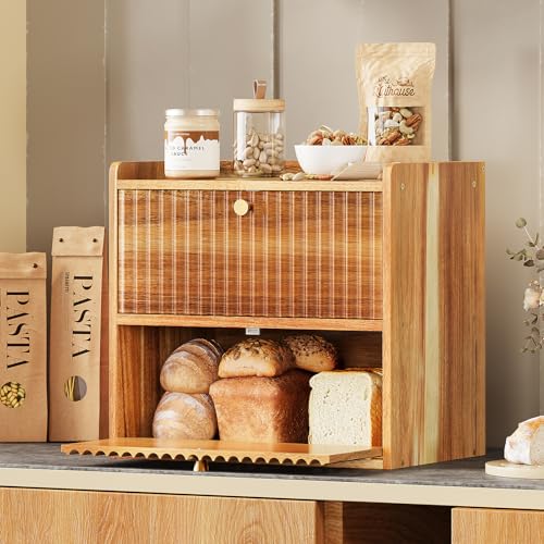 Acacia Bread Box for Kitchen Countertop Wood Bread Storage Container Bin Double Layer BreadBox Farmhouse Large Capacity Food Organizer