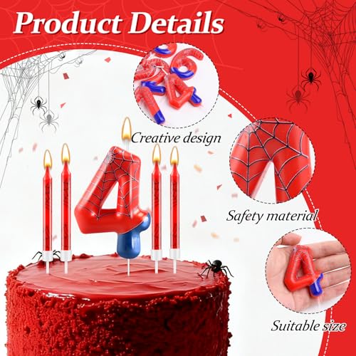 13 Pcs Spider Themed Birthday Candle Set Red Spider Theme Number 4 Candle Cake Topper for Boys Girls Birthday Decoration Spider Party Decoration Supplies (13 Count)