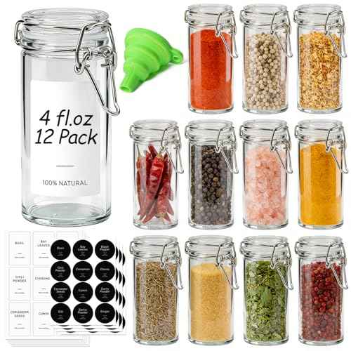Small Glass Spice Jars with Airtight Lids 4oz 12 Pack with Labels (12 Count)