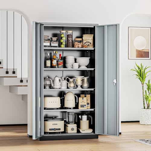 Metal Storage Cabinets 72” Black Grey Garage Steel Storage Cabinet with Doors and Shelves