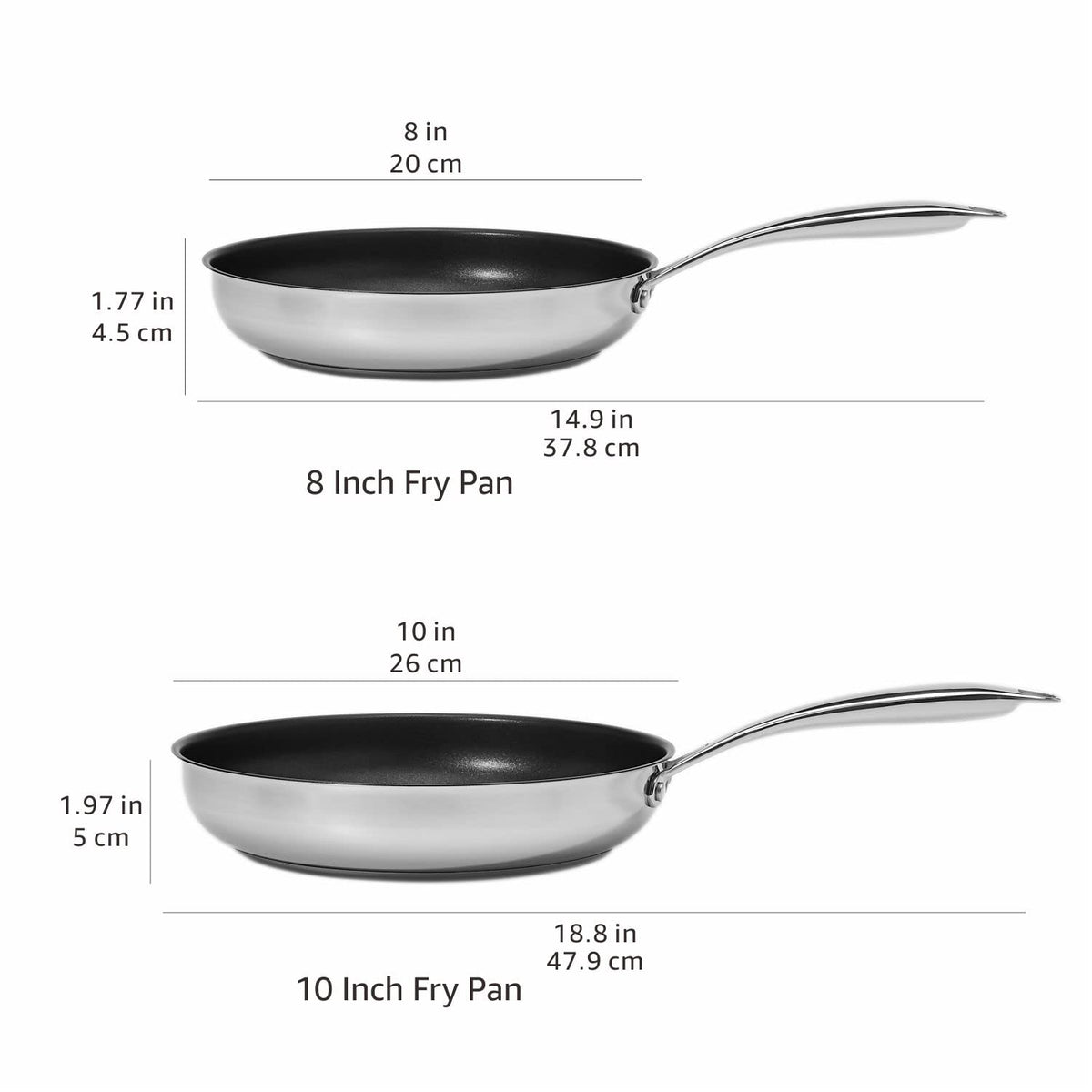 2-Piece Non-Stick Stainless Steel Fry Pan Set, Oven Safe, Induction Compatible, Stay-Cool Handles, 10-Inch and 8-Inch (2 Count)