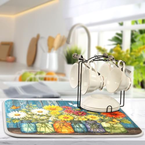 Daisy Flowers Vases Butterfly Dish Drying Mat for Kitchen Counter Absorbent Microfiber Drying Pad