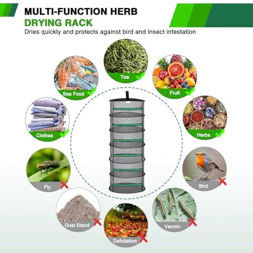 6 Layer Herb Drying Rack Hanging Mesh Net Foldable Plant Drying Racks 24" Diameter with Green Zipper & Hook Dryer Hanging Rack for Herbs Seed Bud Fruit Clothes Grow Tent Closets Garden Outdoor