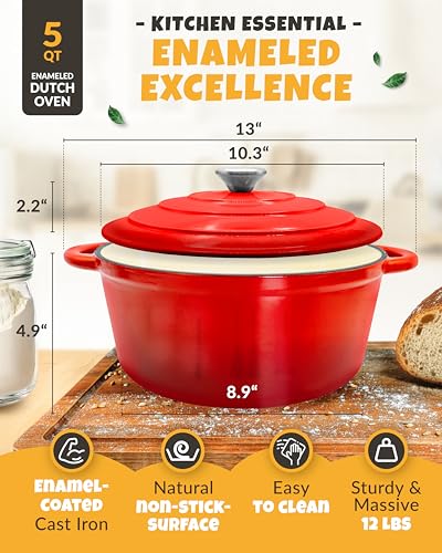 5 QT Enameled Dutch Oven for Bread Baking with Lid & Baking Set
