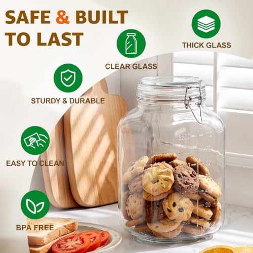 Large Square Glass Jars with Airtight Lids 1.1 Gallon Wide Mouth (2 Count)