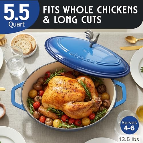 MUELLER HOME 5.5 Quart Enameled Cast Iron Oval Dutch Oven w Rooster Knob & Cotton Potholders