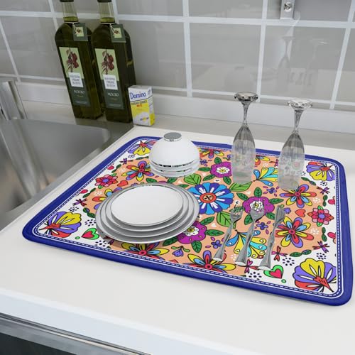 Mexican Talavera Dish Drying Mat Navy Blue Large Microfiber Dish Drain Pad for Kitchen Decor 18 x 24 In