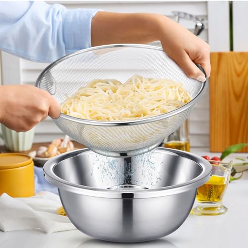 8 Pcs Stainless Steel Microporous Colander Set with 1.2qt 2qt 3qt 5qt Capacity Strainer with Metal Mixing Bowls (8 Count)