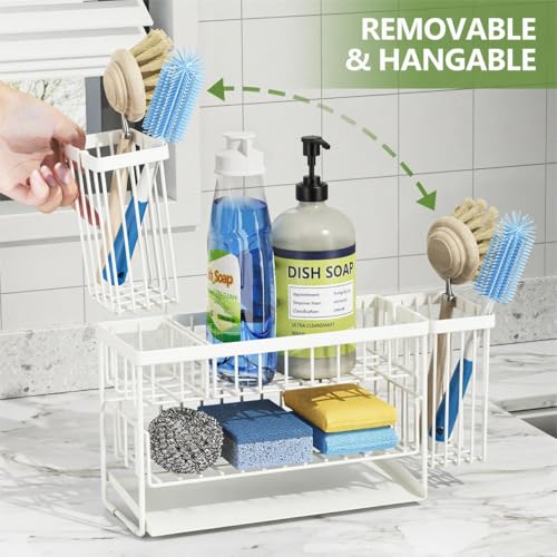 White 2 Tier Kitchen Sink Caddy Organzier Rack with Flexible Dish Brush Holder