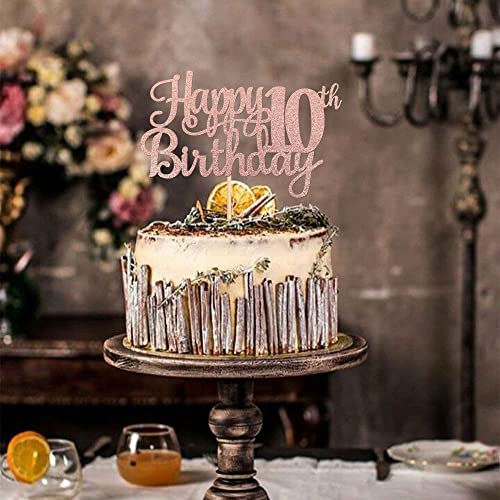 1 PCS Happy 10th Birthday Cake Topper Glitter Cheers to 10 Years Birthday Cake Pick 10 Fabulous Double Digits Cake Decoration for Happy 10th Birthday Theme Party Decorations Supplies Rose Gold
