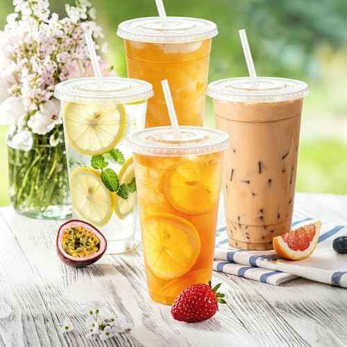 500 Pack 24 oz Clear Plastic Cups with Lids and Straws Disposable (500 Count)