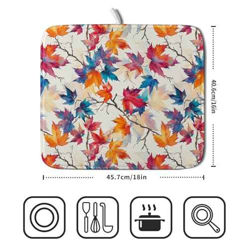 Maple Leaf Dish Drying Mat Fall Autumn Colorful Leaves Absorbent Dish Drain Mats for Holiday Season Kitchen Decoration