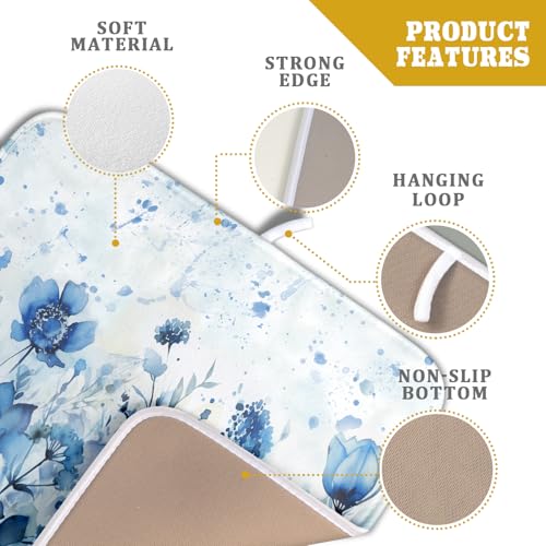 Blue Floral Dish Drying Mat for Kitchen Counter Watercolor Leaves Dishes Drainer Rack Mat Absorbent Microfiber Dish Draining Pad 16x18 Inch