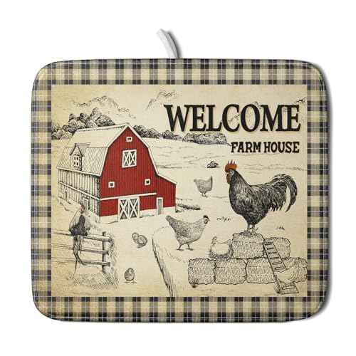 Farmhouse Rooster Dish Drying Mat 16x18 Inch Country Chicken Absorbent Dish Drainer Mat Reversible Countertops Protector Pad Kitchen Accessories
