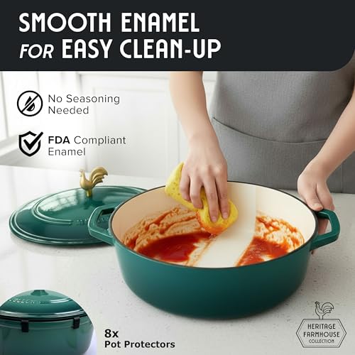 MUELLER HOME 5.5 Quart Enameled Cast Iron Oval Dutch Oven with Rooster Knob and Cotton Potholders
