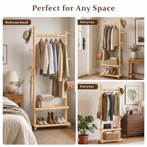 Coat Rack Freestanding Solid Wood Clothes Rack with Wheels