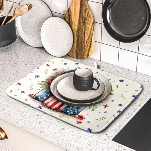 American Patriotic Floral Dish Drying Mat Flower Vase Drainer Rack Mats 16"x18" Absorbent Microfiber Dish Dry Pad for Kitchen Counter Sink