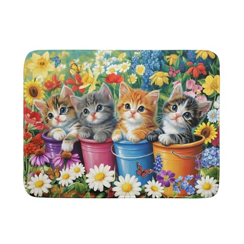 Lovely Cat Drying Mat for Kitchen Counter Colorful Flower Absorbent Coffee Bar Mat 18 X 24