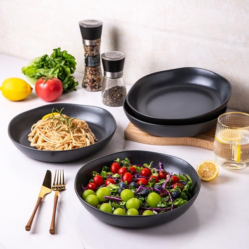 Ceramic 9.75 inch Large Flat Pasta Bowls (4 Count)
