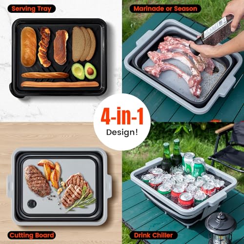 Upgraded Collapsible BBQ Prep Tub with Lid & Foldable Handle Stand