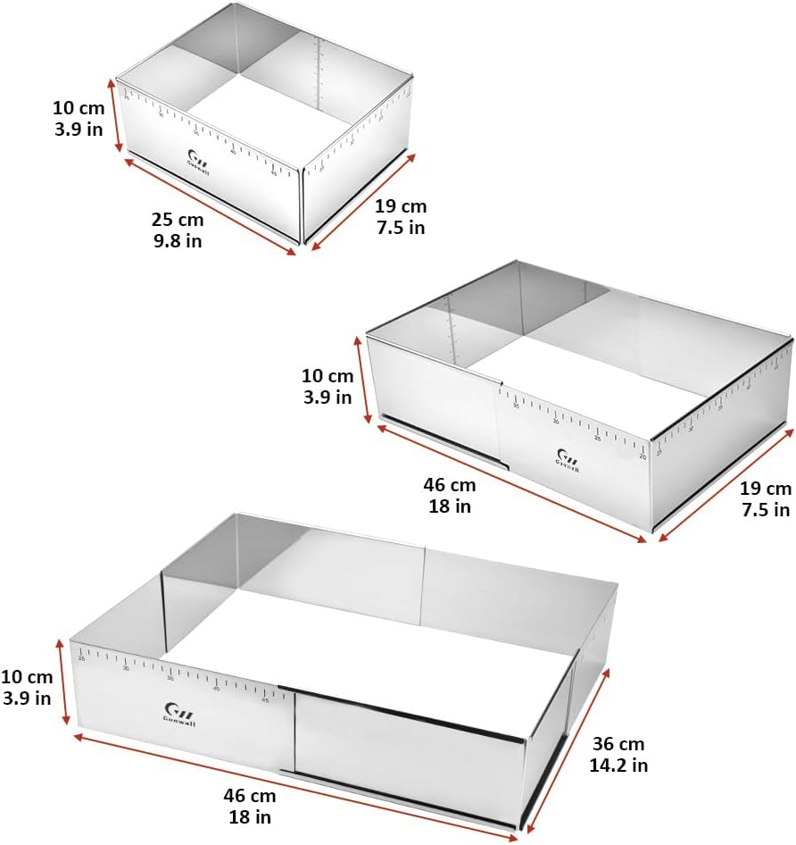 Guowall Extensible Rectangular Cake Mould Stainless Steel Pastry Ring Mold for Tiramisu Rectangle Adjustable Baking Frame Big Size for Multiple Size - 10 x 7 inch - Culinary Roots