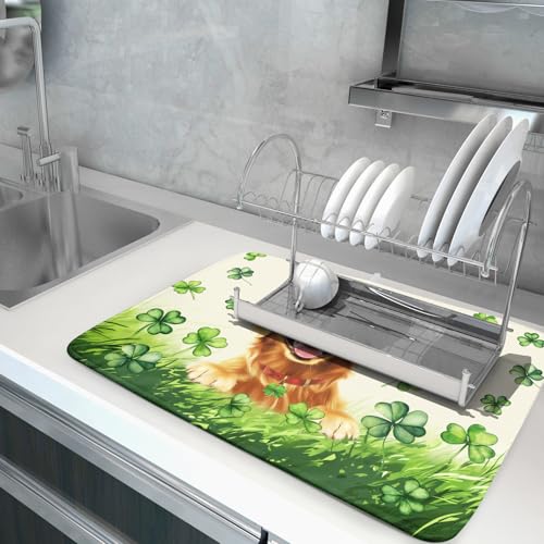 St Patrick's Day Dog Dish Drying Mat 18x24 inch Green Shamrock Dishes Pad Absorbent Microfiber Dish Drainer Mat for Kitchen Counter Coffee