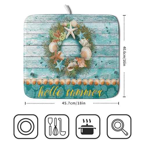Coastal Wreath Dish Drying Mat 16x18 inch Starfish Shell Absorbent Microfiber Dish Rack Mats Drainer Pad Kitchen Countertop Accessories