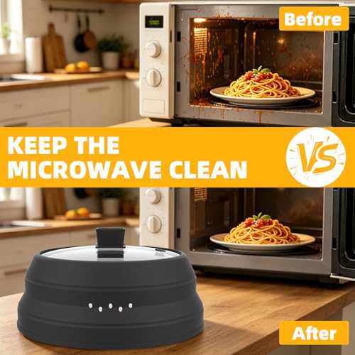 Tall Microwave Splatter Cover Glass Cover Guard Lid 5.8 inch Height with Collapsible Silicone for Food Pot Plate 10.8 inch Black