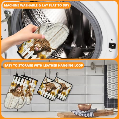 Sunflower Highland Cow Oven Mitts and Pot Holders Sets 4Pcs