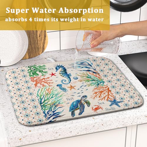 Nautical Coastal Dish Drying Mat Sea Turtle Seahorse Dish Drainer Pad 16"x18" Microfiber Reversible Fast Dry Pad for Kitchen Counter Decor