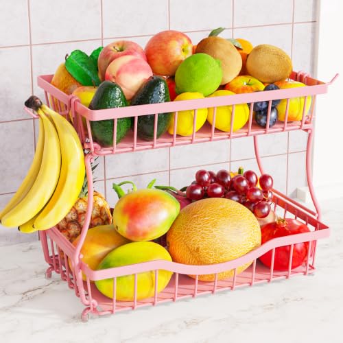 Large 2 Tier Fruit Basket for Kitchen Counter with 2 Banana Hangers (2 Count)
