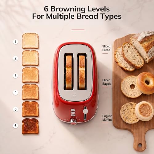 2 Slice Stainless Steel Toaster Retro with 6 Bread Shade Settings