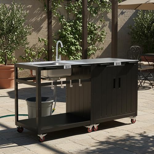 35" Movable Outdoor Grill Cart with Stainless Steel Sink & Faucet