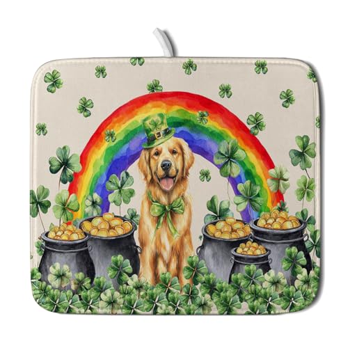 St Patricks Day Drying Mat Samll Lucky Clovers Green Kitchen Decor Counter Mats for Dog Lover