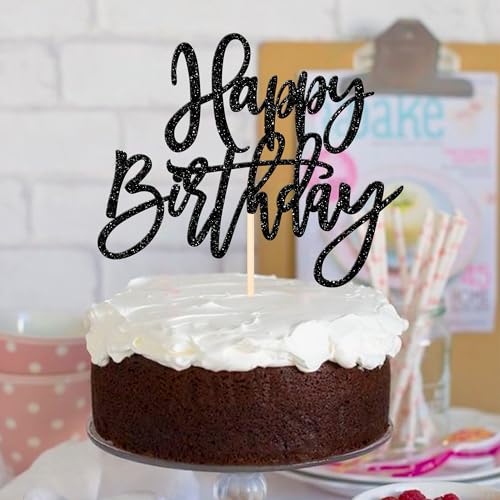 1 PCS Happy Birthday Cake Topper Glitter Happy Birthday Cake Pick for Celebrating Happy Birthday Anniversary Theme Party Cake Decorations Supplies Black