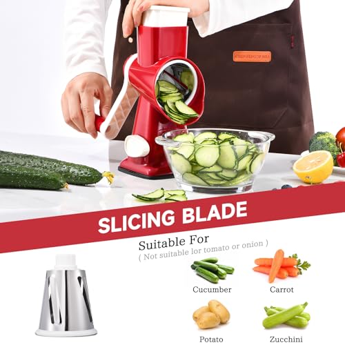 Rotary Cheese Grater with Handle Kitchen Shredder Slicer Grater Slicer Ice Shaver Cheese Vegetable Nuts Potato Zucchini Chocolate 3 Interchangeable Blades