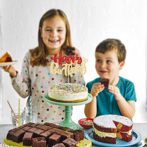 1Pcs Happy Birthday Cake Topper Glitter Happy Birthday Cake Pick for Christmas Theme Baby Shower Anniversary Party Decorations Supplies Red Gold