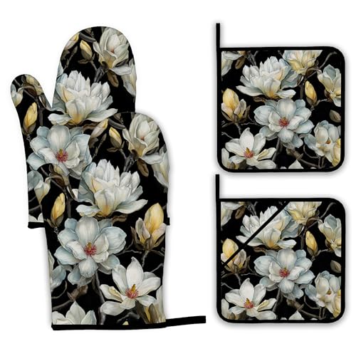 Vintage White Magnolia Oven Mitts and Pot Holders (4 Count)