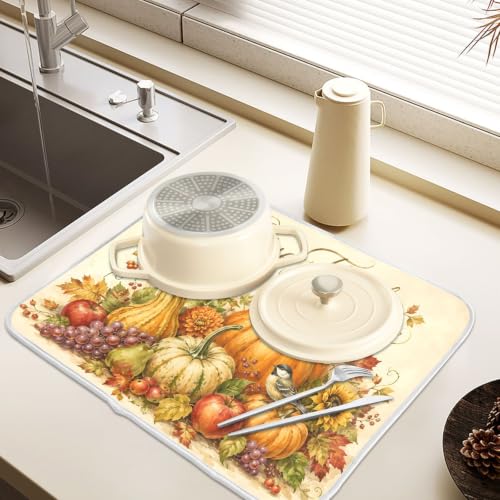Thanksgiving Dish Drying Mat for Kitchen Counter Absorbent Microfiber Large Drying Pad Fall Autumn Harvest Pumpkin Dish Mats for Kitchen Countertops 18 x 24 Inch