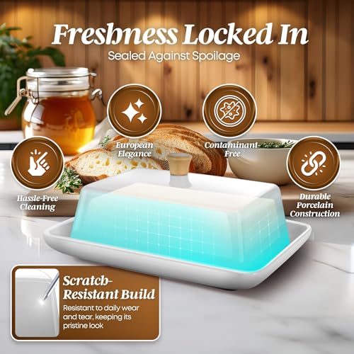 Ceramic White European Butter Dish with Lid for Countertop