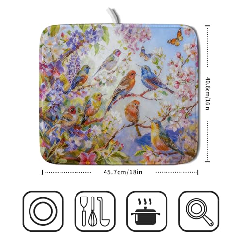 Spring Bird Dish Drying Mats for Kitchen Counter Floral Small Dish Drying Pad Season Decor