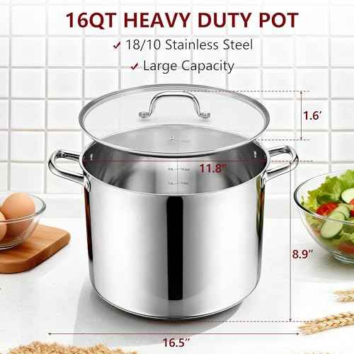 16-Quart 18/10 Stainless Steel Stock Pot with Lid, Large Heavy Duty Soup Pot Compatible with Electric, Gas, Induction and Gas Cooktops, Non-Toxic & Corrosion Resistant, Dishwasher Safe