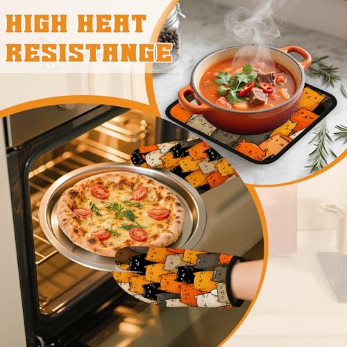 Funny Cute Cat Oven Mitts and Pot Holders Set (4 Count)
