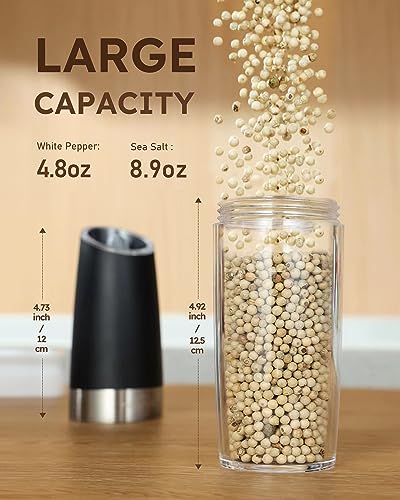 Gravity Electric Salt and Pepper Grinder Set Shakers UPGRADED 9OZ XL CAPACITY Battery Powered Refillable Automatic One Hand Operation Adjustable Coarseness Mill Grinder Set for Kitchen (2 Count)