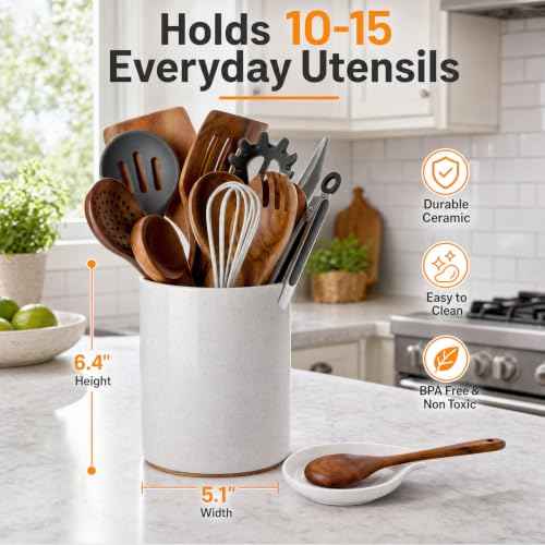 Ceramic Utensil Holder with Spoon Rest for Kitchen Counter