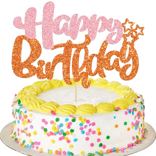 1Pcs Happy Birthday Cake Topper Glitter Cake Pick for Celebrating Anniversary Party Cake Decorations Supplies Pink Orange